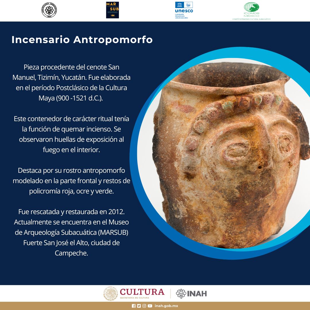 Incensario Maya del Postclásico procedente del cenote San Manuel en Tizimín, Yucatán. Actualmente resguardado en el MARSUB en Campeche. 📷 Museos INAH Campeche Centro INAH Yucatán
#INAHEnMovimiento #CulturaEnCasa #UNESCOMéxico #convenciónunesco2021 #underwaterheritage