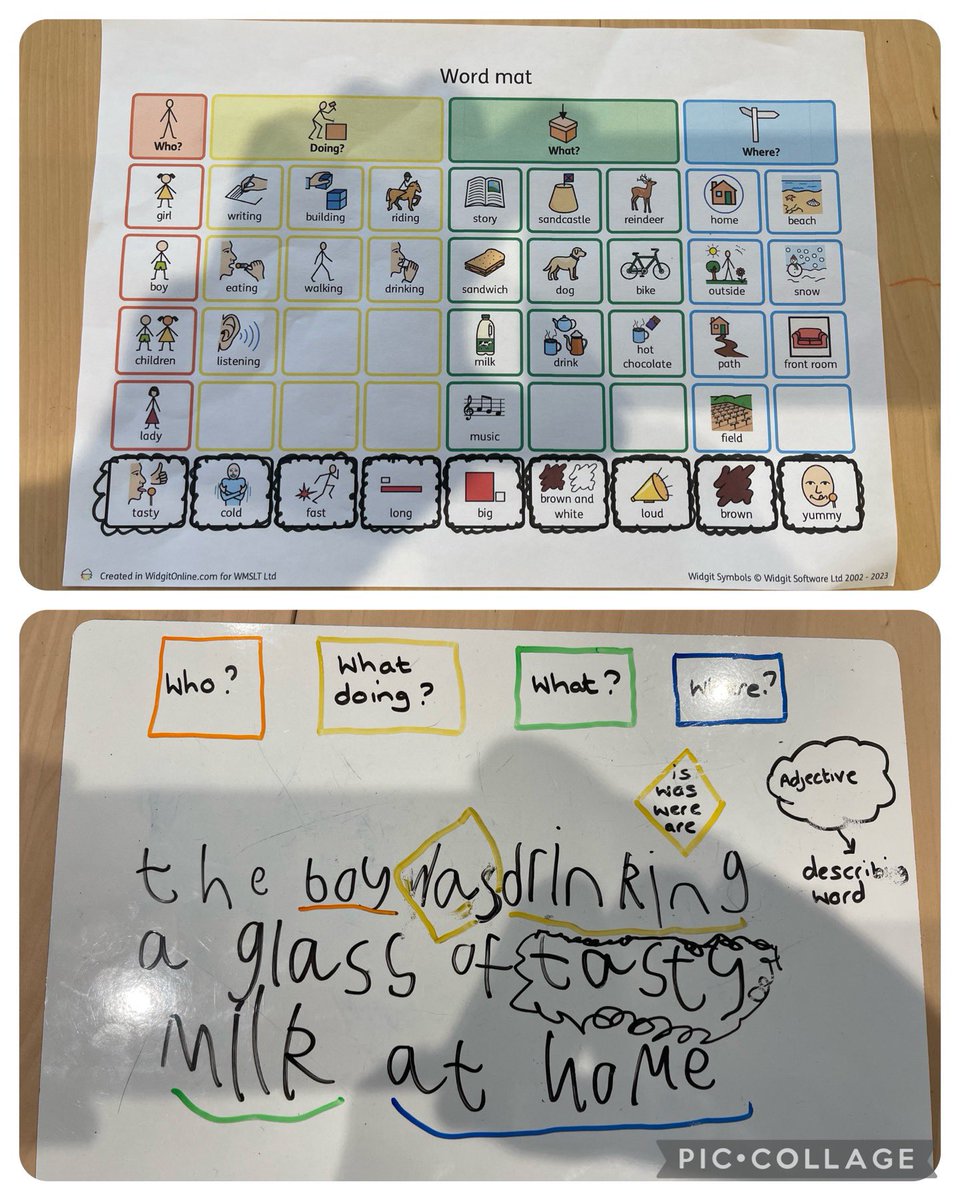 Amazing work by this Year 3 pupil @Colmore_Junior. He created sentences based on a picture using colourful semantics. He also included an adjective. I hope he is as proud of himself as I am of him 🌟@WMISLT2 @Widgit_Software #colourfulsemantics