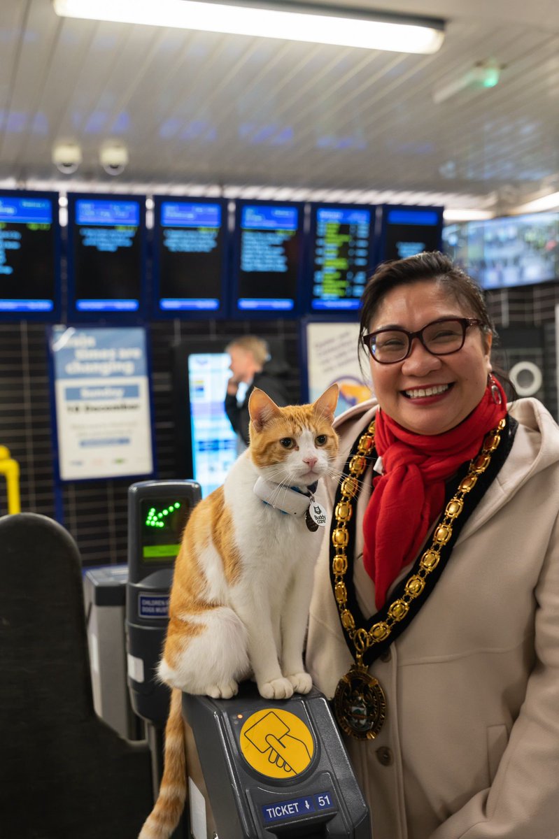 StevenageBC's tweet photo. The Mayor met Nala at Stevenage station! Apparently, Nala cannot wait for his meowment to turn the mewsic up and get the pawty started with Junior Andre at the Stevenage Christmas lights switch-on!!  #Theadventuresofnala #nalastationcat #stevenage #stevenagetowncentre #checkmeowt https://t.co/sWVREcutCx