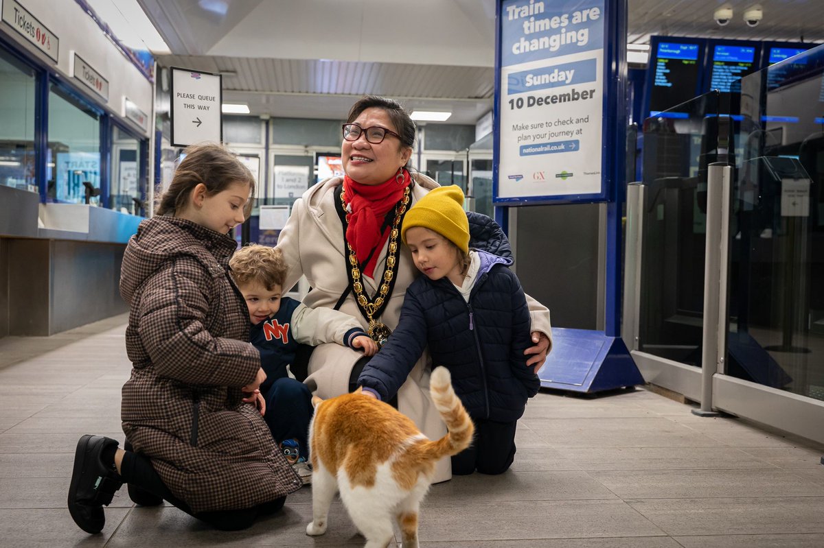 StevenageBC's tweet photo. The Mayor met Nala at Stevenage station! Apparently, Nala cannot wait for his meowment to turn the mewsic up and get the pawty started with Junior Andre at the Stevenage Christmas lights switch-on!!  #Theadventuresofnala #nalastationcat #stevenage #stevenagetowncentre #checkmeowt https://t.co/sWVREcutCx