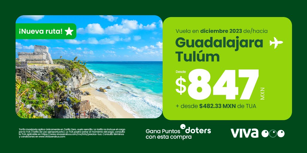 VivaAerobus's tweet photo. ¿Alguna vez te imaginaste viajar con nosotros en esta ruta? 👀 Viaja de/hacia Guadalajara - Tulum desde $847 + $482.33 de TUA. 😎✈️ ¡Alista todo! https://t.co/3stw3vwrqv https://t.co/T80H2TpzXA