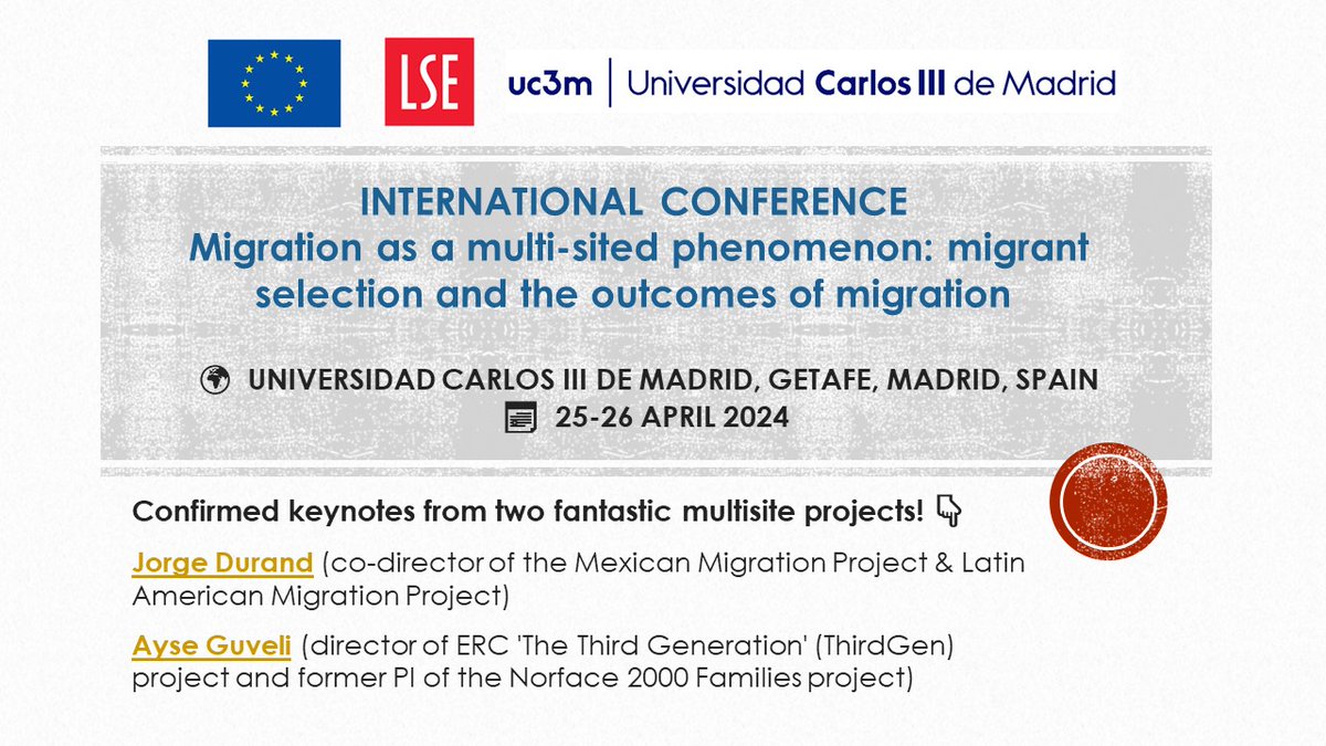 🔊CfA - International Conference: 'Migration as a multi-sited phenomenon: migrant selection and the outcomes of migration'. @uc3m @MSCActions @LSESocialPolicy. Join us next year! 📆25-26 April 2024 🌐Universidad Carlos III de Madrid ✍️Submission & info: sites.google.com/view/multisite…