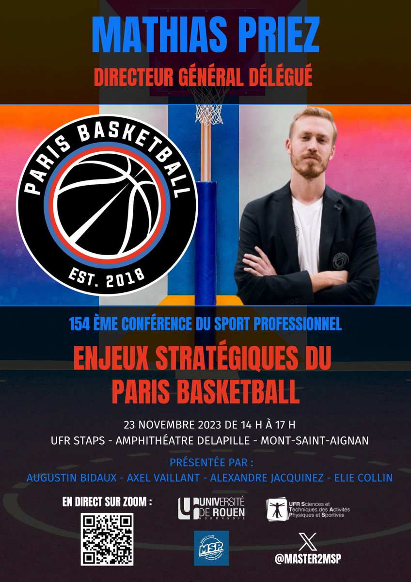 [Clap de fin pour cette 154ème conférence du Sport Professionnel]  

Nous tenons à remercier chaleureusement notre invité d'honneur Mathias Priez, Directeur Général Délégué du 
<a href="/ParisBasketball/">Paris Basketball</a> 🙏 

#M2MSP #SportProfessionnel

<a href="/NicolasChanavat/">Nicolas Chanavat</a> I <a href="/mjlsostenes/">leroux-sostenes</a>