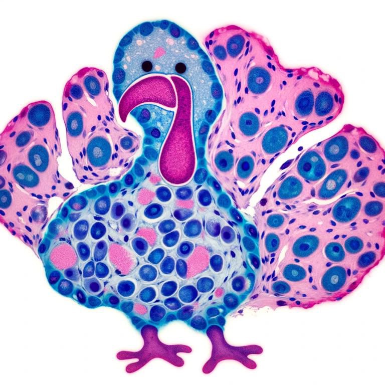 SeanSNiu's tweet photo. I asked GPT-4 to draw a turkey on an H&amp;E slide (one realistic, one cartoonish)🤣 Happy Thanksgiving!! #PathTwitter #chatgpt #AIArtworks https://t.co/7p9Tdv5lMM