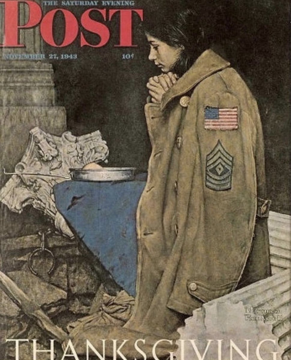 This Norman Rockwell painting graced the cover of The Saturday Evening Post in November of 1943. It portrays a more somber scene than is usually represented in the Rockwell art we are accustomed to seeing. Titled “Thanksgiving: Girl Praying,” it is also called “Refugee…