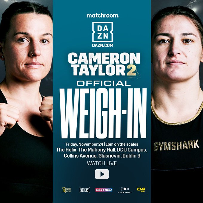 Katie Taylor vs Chantelle Cameron weigh-in is taking place at The Helix on Friday 24th Nov @1pm ! This is a free event and all are welcome. Stepping on the scales at 1pm - Friday 24th Nov @ The Helix! @Matchroom #KatieTaylor #ChantelleCameron #Boxing #WeighIn