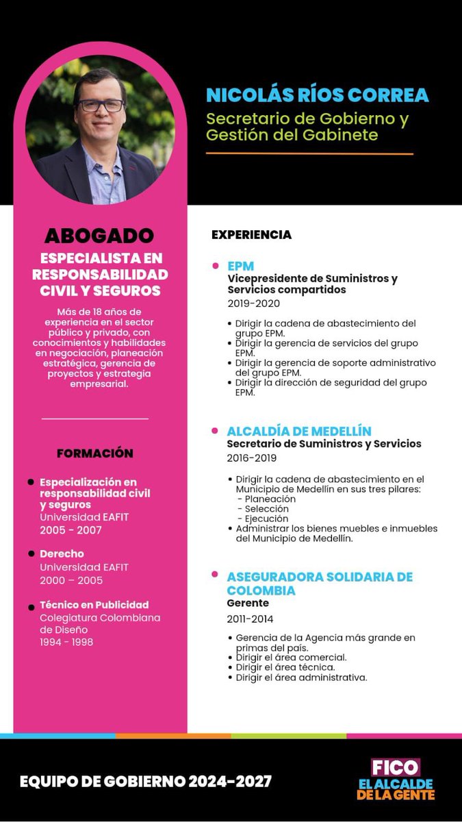 FicoGutierrez's tweet photo. Quiero anunciarle a la ciudadanía de Medellín que el Secretario de Gobierno y  Gestión del Gabinete será Nicolás Ríos Correa. 
👇🏻 https://t.co/z907HbGrBA