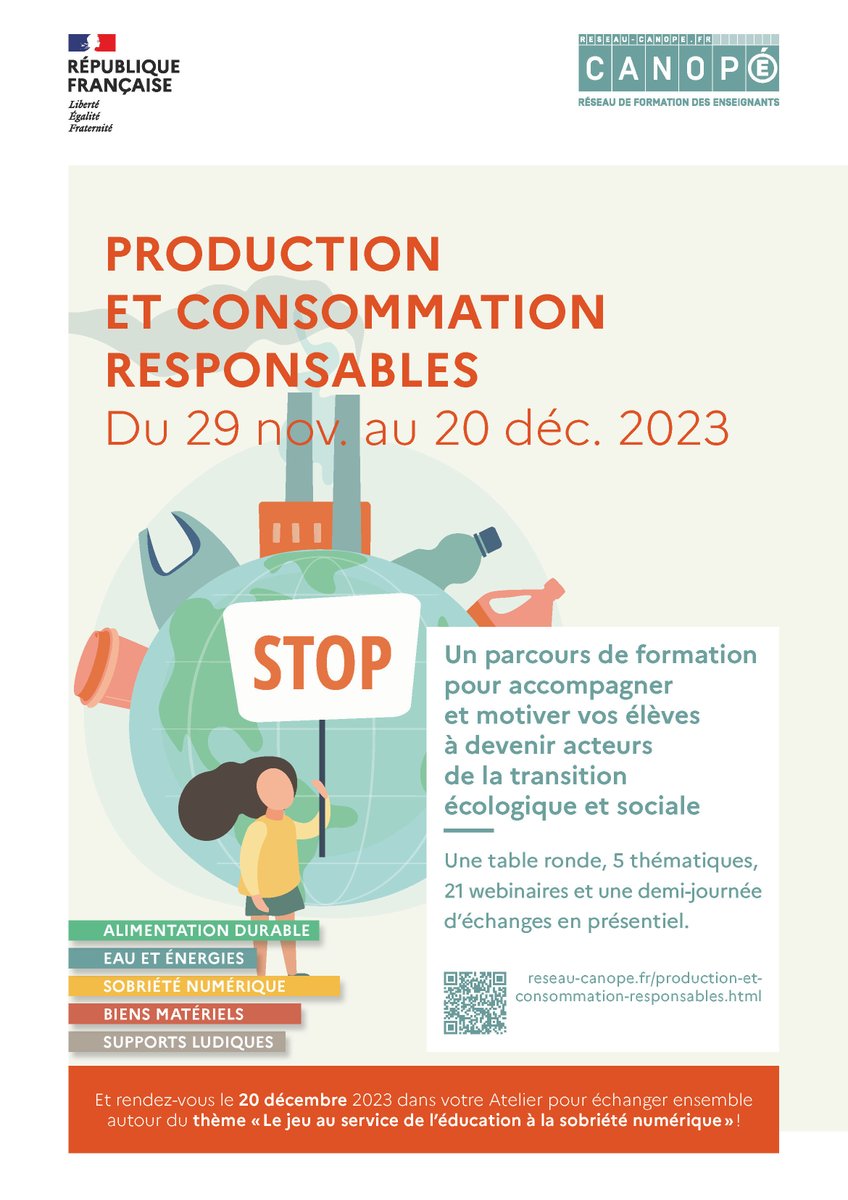 👩‍🌾🥗 Temps-fort "Production et consommation responsables" : découvrez les 5 thématiques, et les différentes formations à distance pour accompagner et motiver les élèves à devenir acteurs de la #transitionécologique et sociale 
Infos et inscriptions ici : reseau-canope.fr/actualites/act…