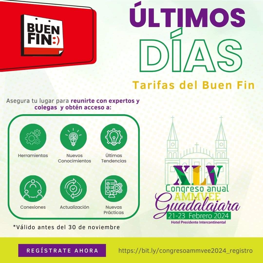 ammvee's tweet photo. ⏰ ¡El reloj está corriendo! 🐴 Quedan pocos días para que finalice nuestra promoción especial del Buen Fin para el XLV Congreso AMMVEE. 
¡Inscríbete ahora y únete a nosotros en Guadalajara del 21 al 23 de febrero! 🏇🏽✨ #BuenFinEquino #ÚltimosDías #CongresoEquinosAMMVEE https://t.co/IU4XRNRvMX