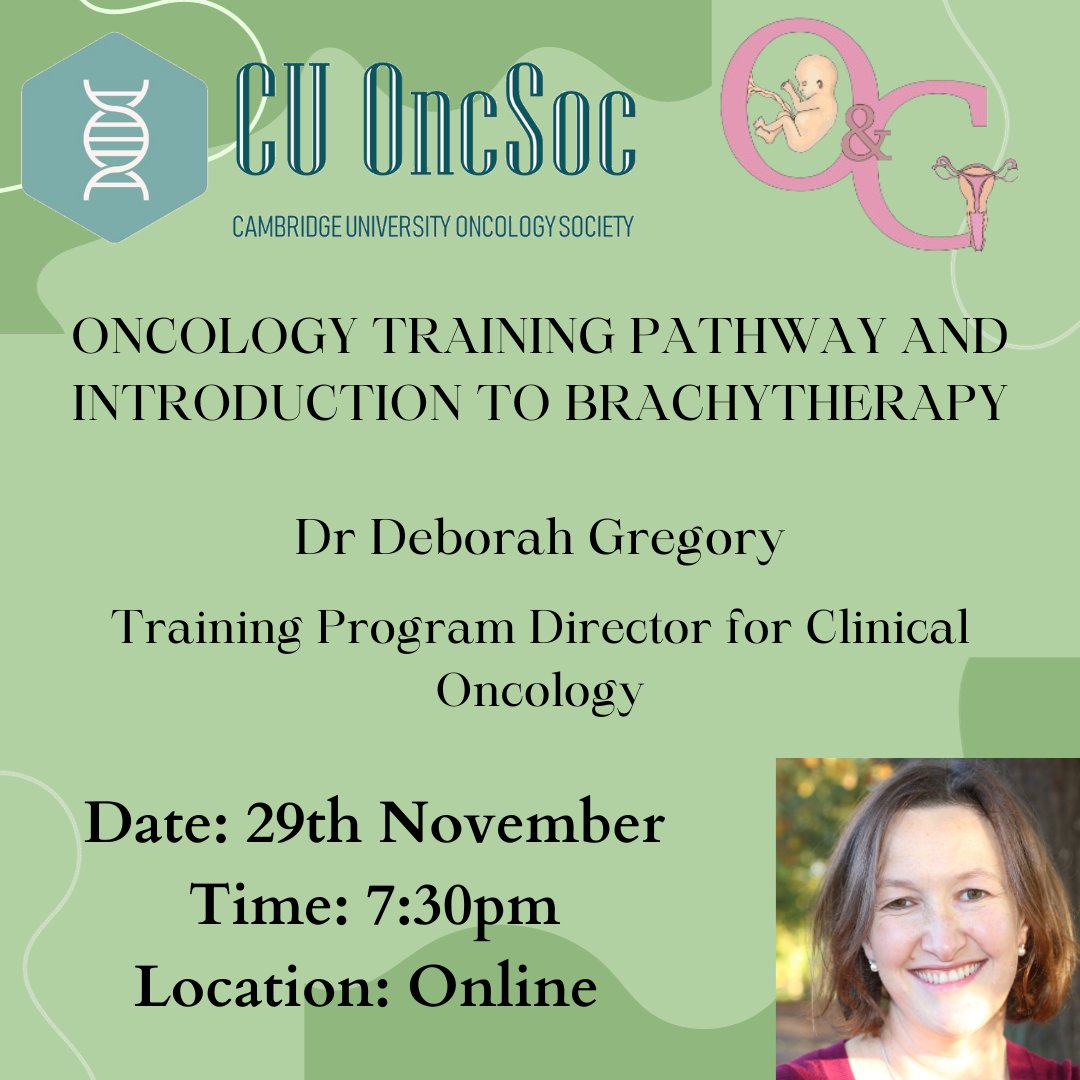 CUOncSoc's tweet photo. Dr Gregory is a  Clinical Oncology Consultant at CUH, treating urological and gynae cancers. In her talk she will talk about the training pathway to oncology with some emphasis on what you should think about to optimise your applications to speciality training. https://t.co/fB8pvXm2HN