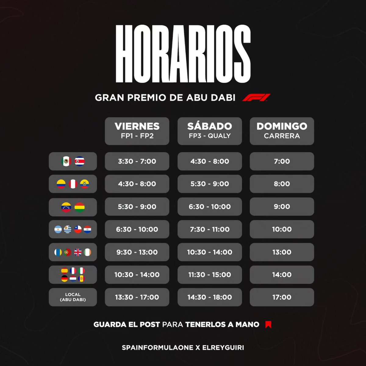 ElReyGuiri's tweet photo. 🚨 HORARIOS del GP de Abu Dabi

⚠️ Compartidlo para que nadie se pierda nada!

🤝 @spainformulaone

#F1 #AbuDhabiGP https://t.co/kdeHBZwygP