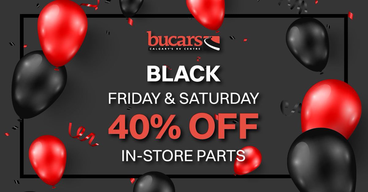 BucarsRV's tweet photo. Get 40% Off RV parts &amp; accessories at Bucars' Black Friday event! Tomorrow &amp; Saturday, stock up on RV essentials - solar kits, rv mattresses, campsite upgrades, &amp; more. Alberta's largest RV parts store is where the deals are at this weekend! #BucarsRV #BlackFriday #RVParts https://t.co/mRRKxqeU2V