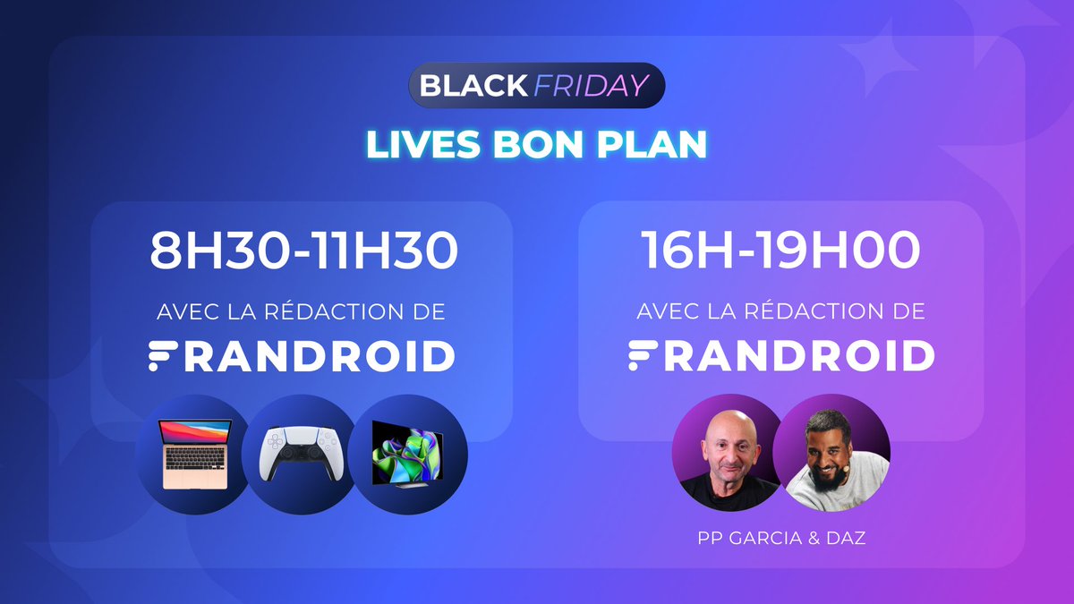 Frandroid's tweet photo. 🚨POSEZ VOTRE JOURNÉE DEMAIN
On vous propose du lourd pour ce Black Friday :
🛍️ LIVE BON PLAN : 8h30 - 11h30 et de 16h00 - 19h00 avec @dazjdm et @ppgarcia75
Sur Twitch : https://t.co/SJTdVFD66H https://t.co/eZy8gHc5OD