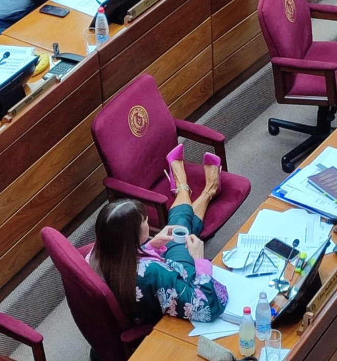 Francis970AM's tweet photo. FARÁNDULA POLITICA La comodidad ante todo. La senadora Celeste Amarilla, con las patas arriba o sobre el sillón, escuchando el debate sobre la distribución de los recursos para el MEC. La singular postura en público no condice con esa elegancia😁👌 https://t.co/8EH0wg28s9