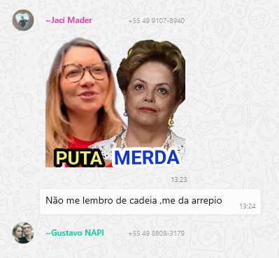 CaudePereira's tweet photo. É vergonhoso que pessoas se utilizem de misoginia e falta de vergonha nos grupos de whatsapp, além de que o casal qual apoiam é de tudo as características que tentam empregar nos outros. @LulaOficial @JanjaLula @MPF_PGR https://t.co/1YEel0iRLg