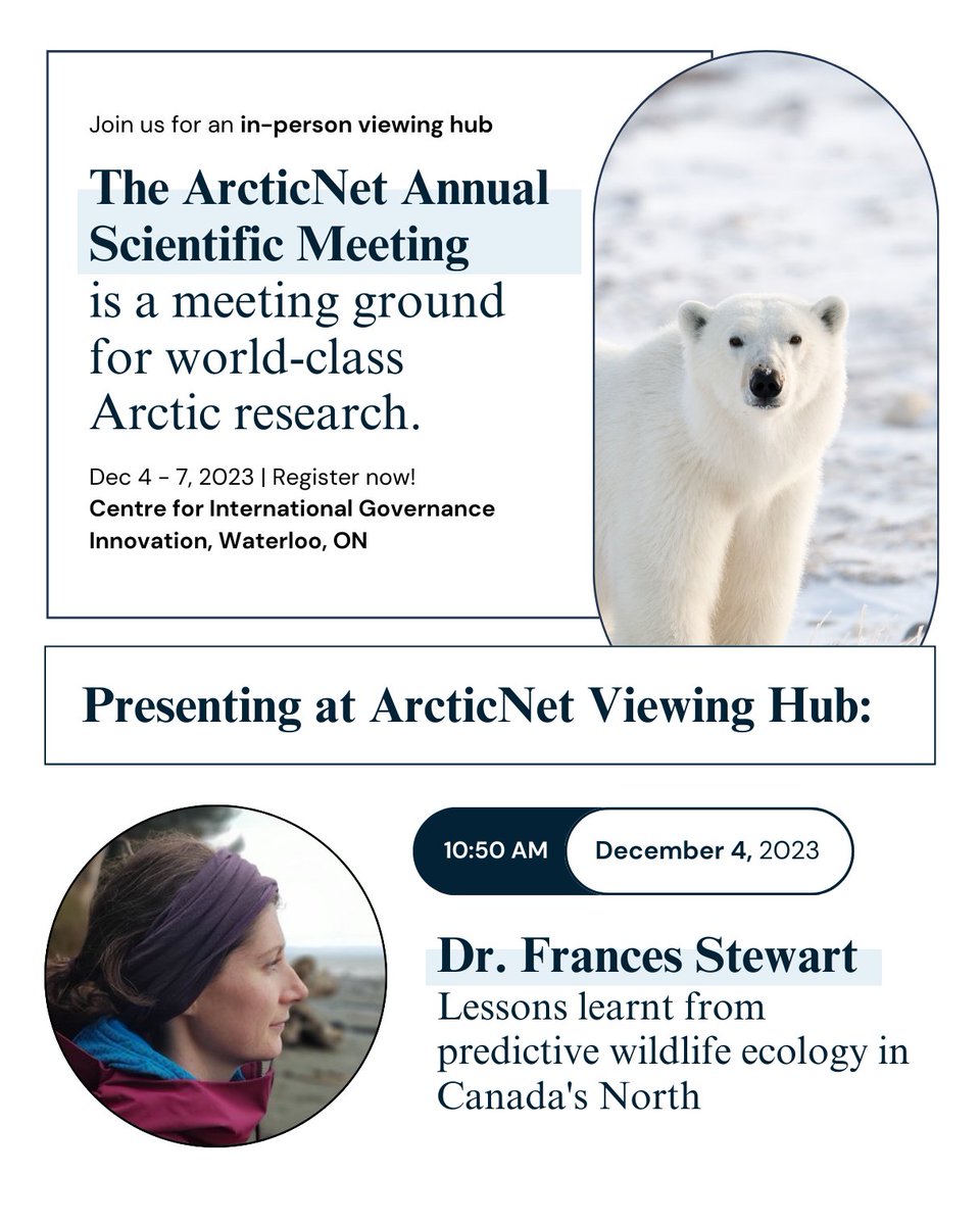 arcticfocus's tweet photo. Join Dr. Frances Stewart for her PI presentation on 'Lessons learnt from predictive wildlife ecology in Canada's North', the Monday morning of Dec 4th, at our in-person viewing hub of @ArcticNet #ASM2023
@LaurierResearch @StewartResearch https://t.co/JBaIPSqVF6