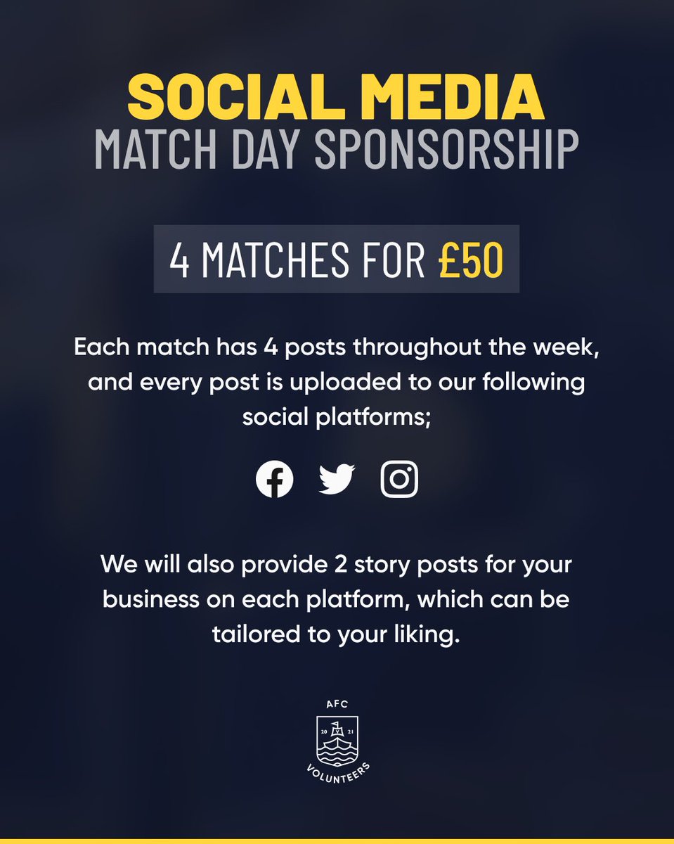 AfcVolunteers's tweet photo. The Vol are on the look out for some social media sponsorship. 📢

Please get in touch if you’re interested or would like more information. Your support is gratefully received.

#UTV 🔵🟡 https://t.co/sbVacDV9hQ