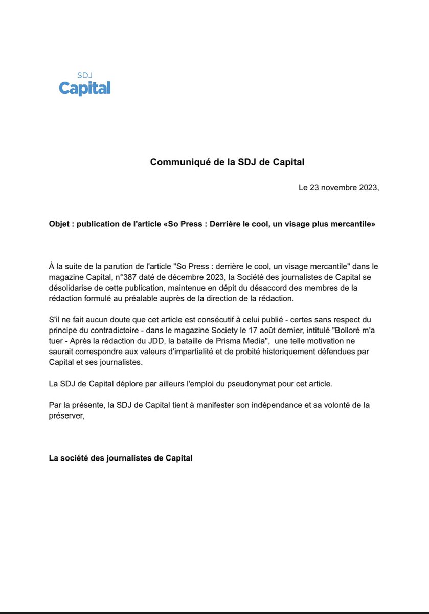 Communiqué de la SDJ de <a href="/MagazineCapital/">Capital</a> concernant l'article intitulé "So Press : derrière le cool, un visage plus mercantile", publié dans le nº387 du mois de décembre 2023.