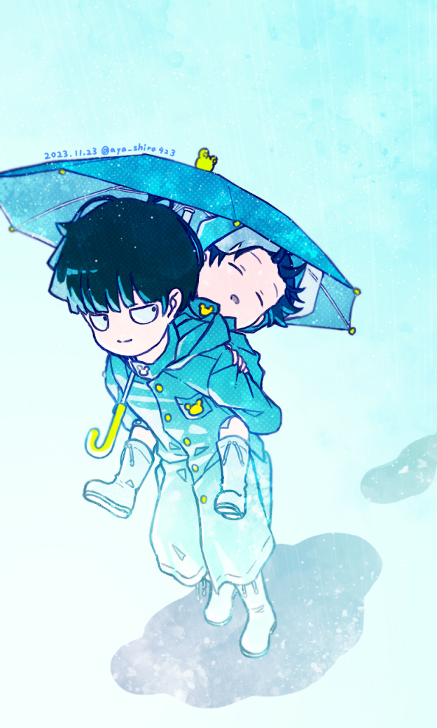 kageyama shigeo multiple boys 2boys umbrella male focus carrying rain piggyback  illustration images