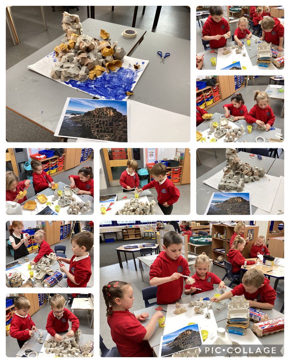 clifton_class2's tweet photo. We have been learning about countries in the UK. Last week we learned about the Myth of Giants causeway. This week we have recycled and used the skill of junk modelling to build our own. Both year 1 and EYFS have done brilliantly. https://t.co/vTLBL9k3Gp
