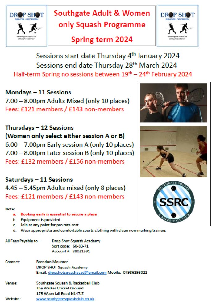 Adult &amp; Women Only Squash Coaching Programme <a href="/S_SR_C/">SSRC</a>. Spring 2024 sessions start 4th Jan 2024. Equipment provided. Booking early is essential to reserve a place.