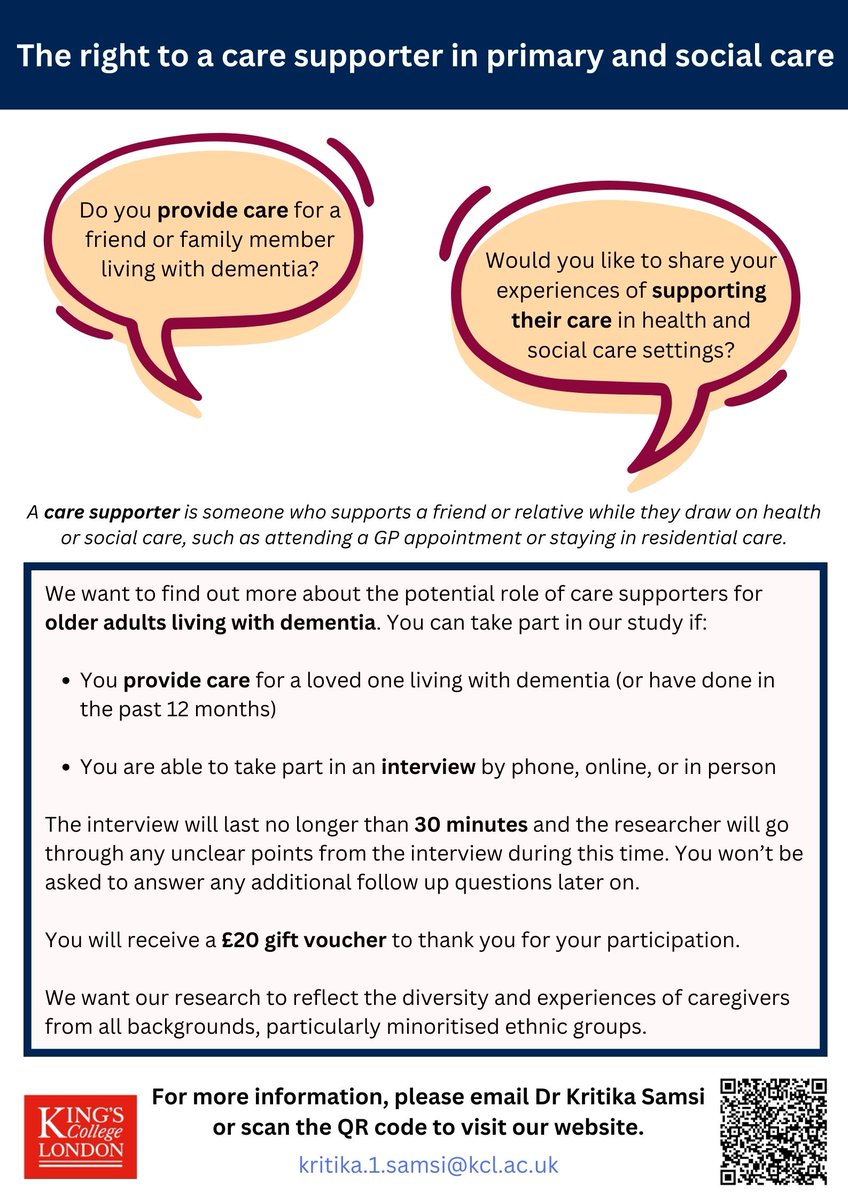 policyjo's tweet image. 🎉Happy #CarersRightsDay!

💬We're interviewing people living with dementia &amp;amp; their carers about a potential new right to a #CareSupporter. If you're a carer who would like to take part in an interview, we'd love to hear from you.

✉️ joanna.2.brown@kcl.ac.uk, or @KritikaSamsi