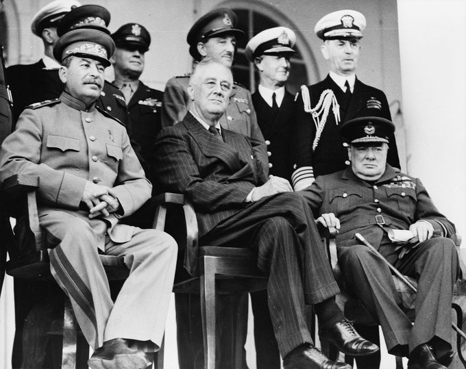 MilHistNow's tweet photo. On this day in 1943, Stalin, FDR and Churchill meet at Tehran to discuss war strategy. It's the first of the famous wartime conferences of the "Big Three" Allied leaders. https://t.co/XXleq8BxLY