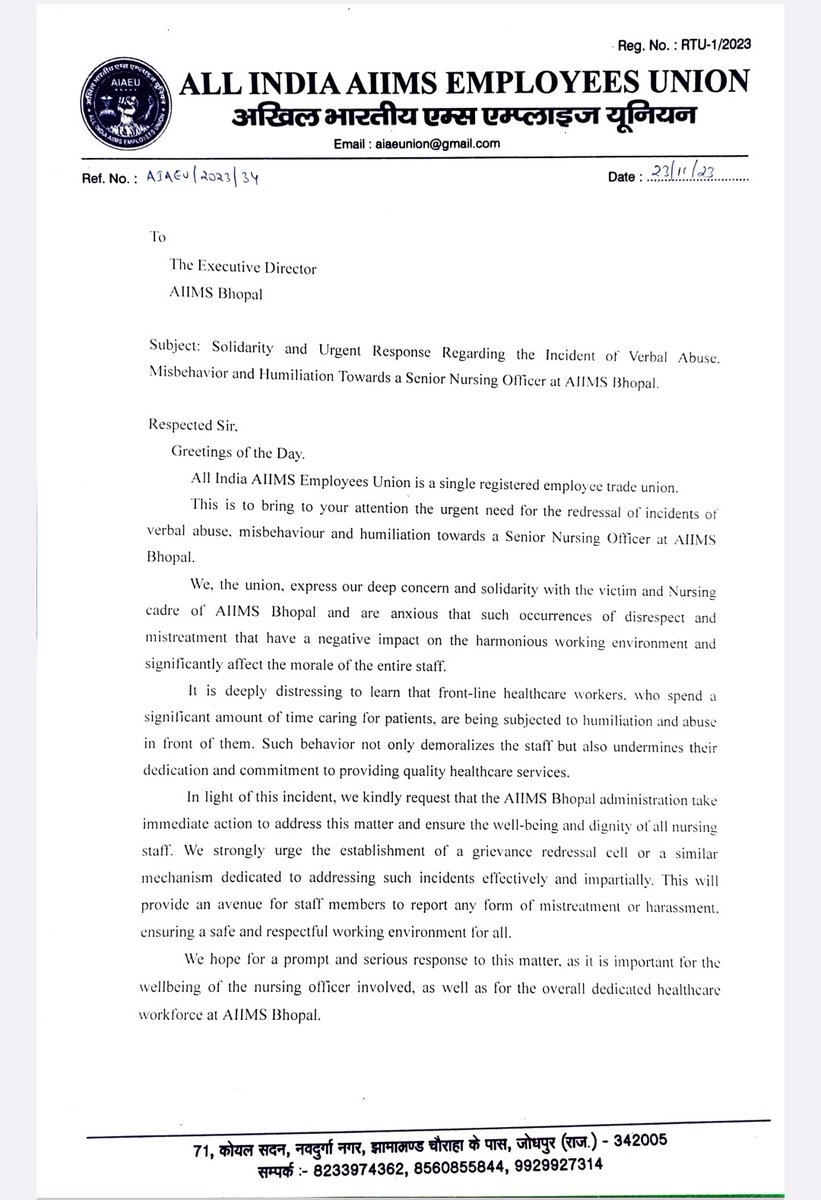AIAEUNION's tweet photo. AIAEU Letter on Solidarity and Urgent Response Regarding the Incident of Verbal Abuse, Misbehavior and Humiliation Towards a Senior Nursing Officer at AIIMS Bhopal. @AIIMSBhopal
@MoHFW_INDIA https://t.co/OyKSVINxLh