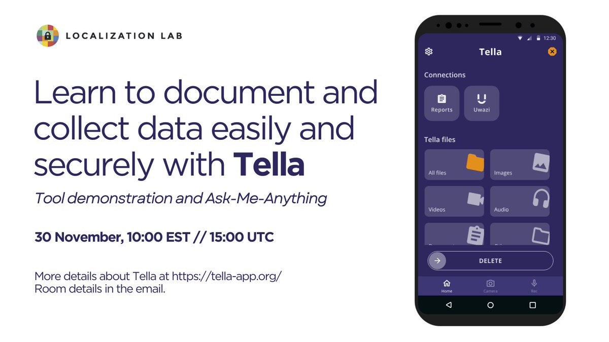 L10nLab's tweet photo. Join us for an hour on 30 November as we learn from the @Tella_app team how to easily and safely document injustices and collect data.
Reach out to Dianne at dianne@localizationlab.org if you want to join.
See you there!
#L10n #TellaApp https://t.co/Me4s4AL1HG