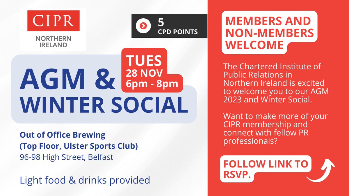 Not long now until our AGM and WINTER SOCIAL 📅

Join us for our next Tuesday at the Out of Office Brewery for a festive evening of networking and socialising. 🥂

Plus, you can log 5 CPD points for attending!

RSVP HERE 🎫 bit.ly/3MGW4T2

 #CIPRNI #WinterSocial