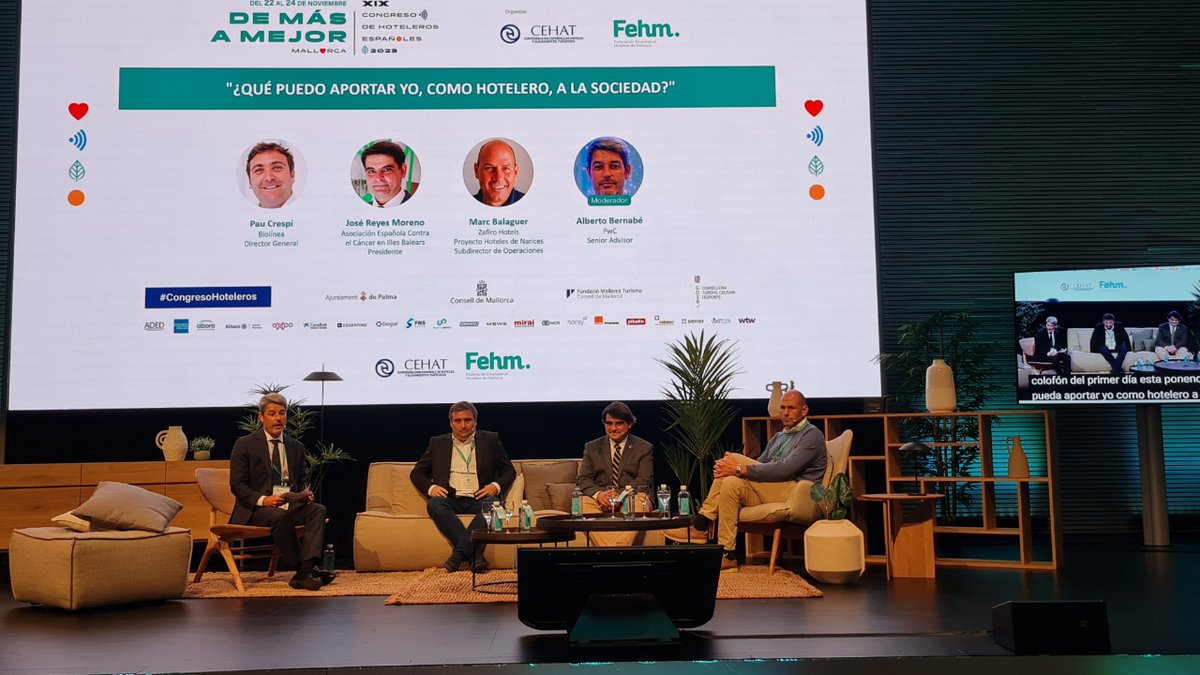 En la mesa "¿Qué puedo aportar yo, como hotelero, a la sociedad desde una vertiente social, ambiental y económica? estamos descubriendo tres ejemplos multiplicadores que se desarrollan con éxito involucrando a empresa, trabajadores y colectivos. #congresohoteleros <a href="/fehmallorca/">FEHM</a>