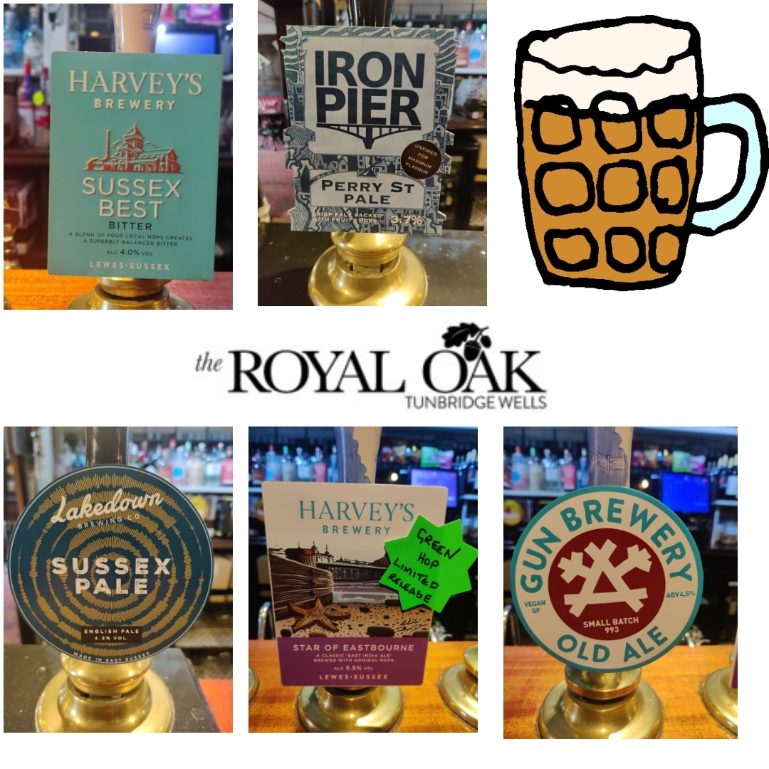TheRoyalOakTW's tweet photo. Cask ales pouring today,  including Harvey's "Star of Eastbourne".  Green Hop,  the Spa Valley award winning Green Hop Ale.

OPEN from 4pm.

#harveysbrewery #ironpier #gunbrewery #lakedown #westkentcamra #twpubs #realale #realalefinder #twcaskale #twrealale https://t.co/FQxgL0HqaQ