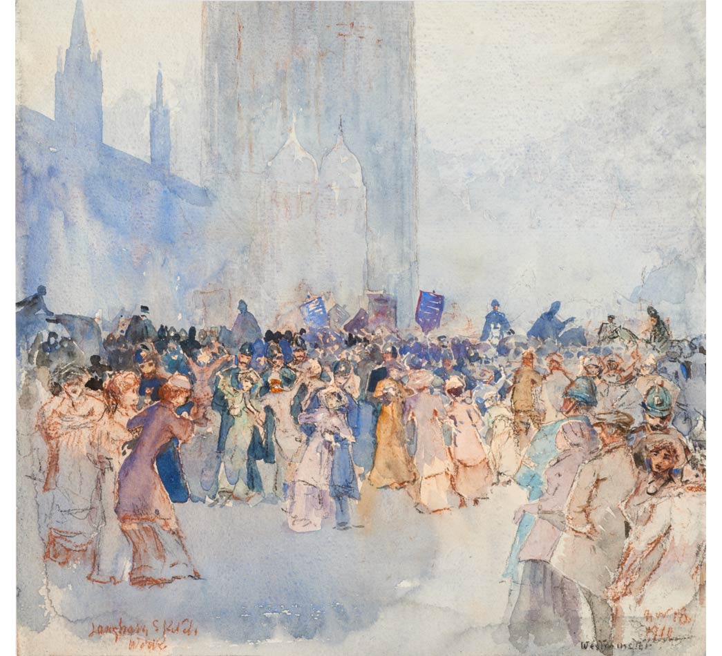 This watercolour painting, recently uncovered in our stores in anticipation of our move to Smithfield, depicts Black Friday - the infamous Suffragette demonstration of November 1910. Painted by William Monk, a note on the back reads: ‘Suffragettes, sketched from actual scene’.