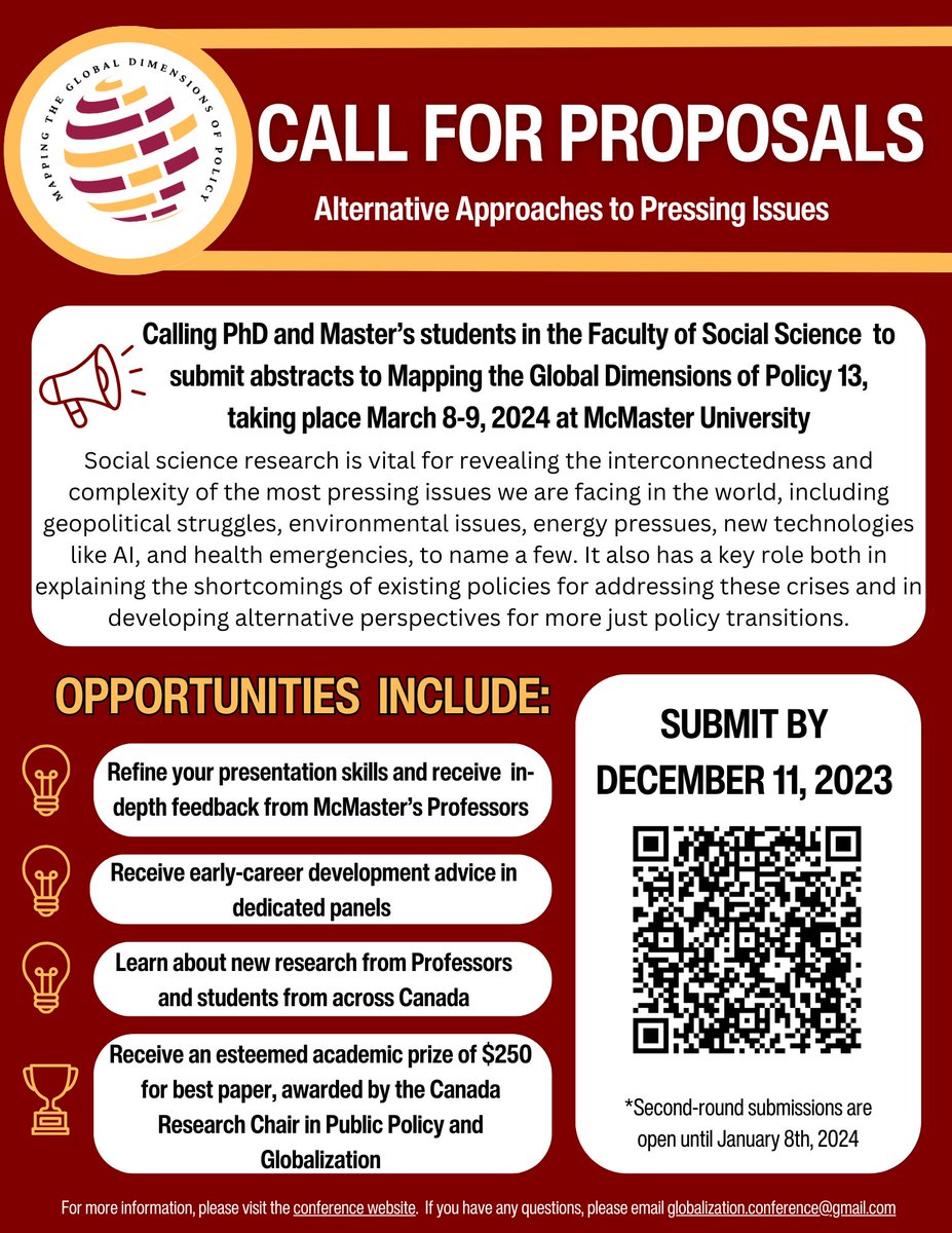 Mac_MappingGDP's tweet photo. The Mapping the Global Dimensions of Policy conference is now accepting proposal submissions for the 2024 conference! PhD and MA students are encouraged to submit proposals. Please visit our website for more information: https://t.co/P3Mj3kNxkz https://t.co/pZuOJTLrdf
