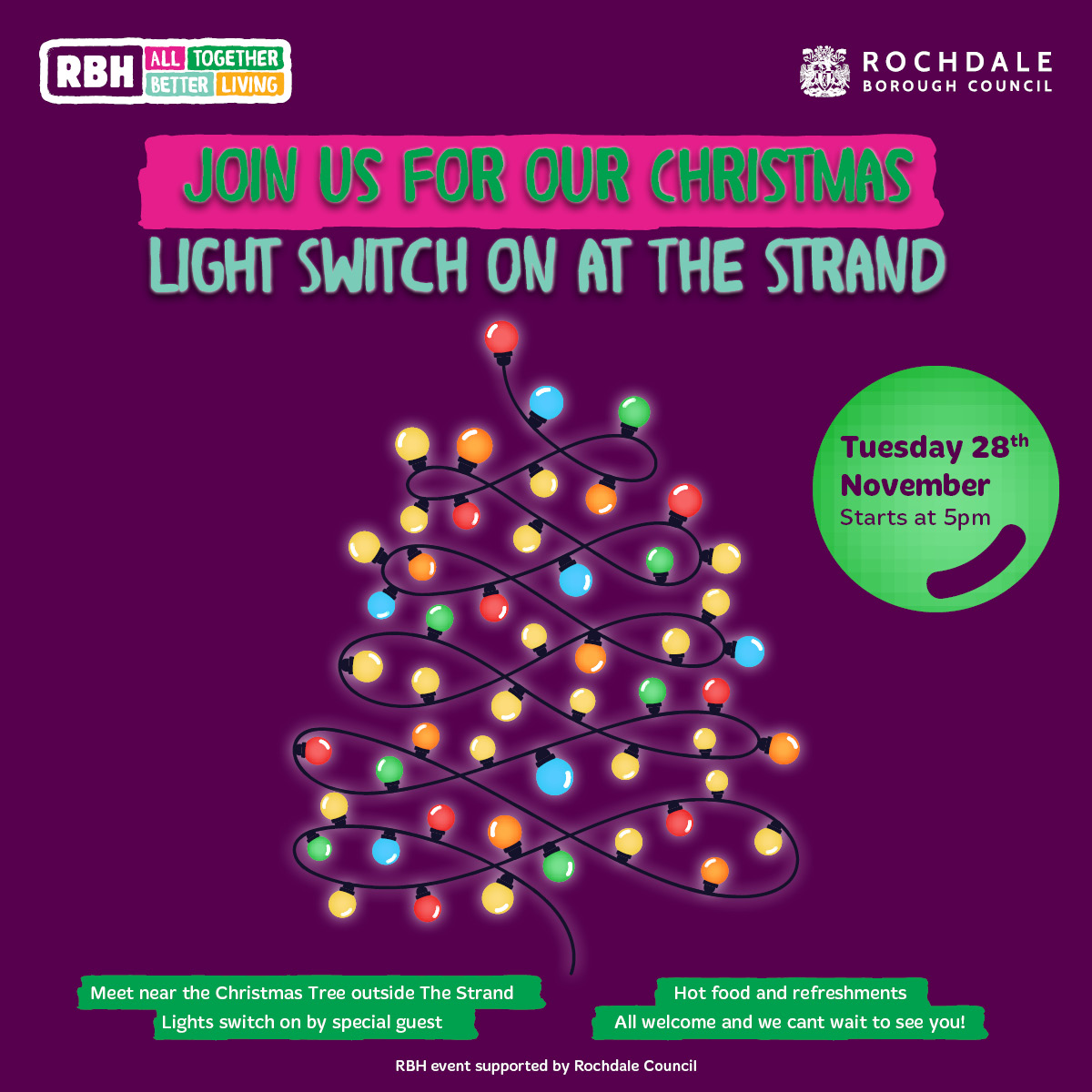 Come and join us for the magical Christmas light switch-on ceremony at The Strand, Kirkholt on Tuesday 28th November at 5pm. Hot food and refreshments are available. All are welcome to join us for this fun-filled festive evening. @RochdaleCouncil