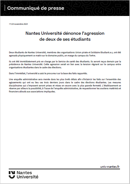 Nantes Université dénonce l'agression de deux de ses étudiants.