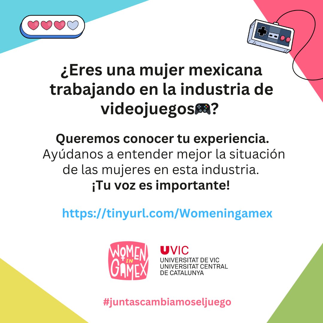 🌟 ¡Ayúdanos a entender mejor el papel de las mujeres en la industria de los videojuegos! 🎮 Tu participación en nuestra encuesta es clave para obtener insights valiosos. Es anónima y cada respuesta cuenta. 
👉 Encuesta: tinyurl.com/Womeningamex 
💖 ¡Comparte y apoyemos juntas! 🚀