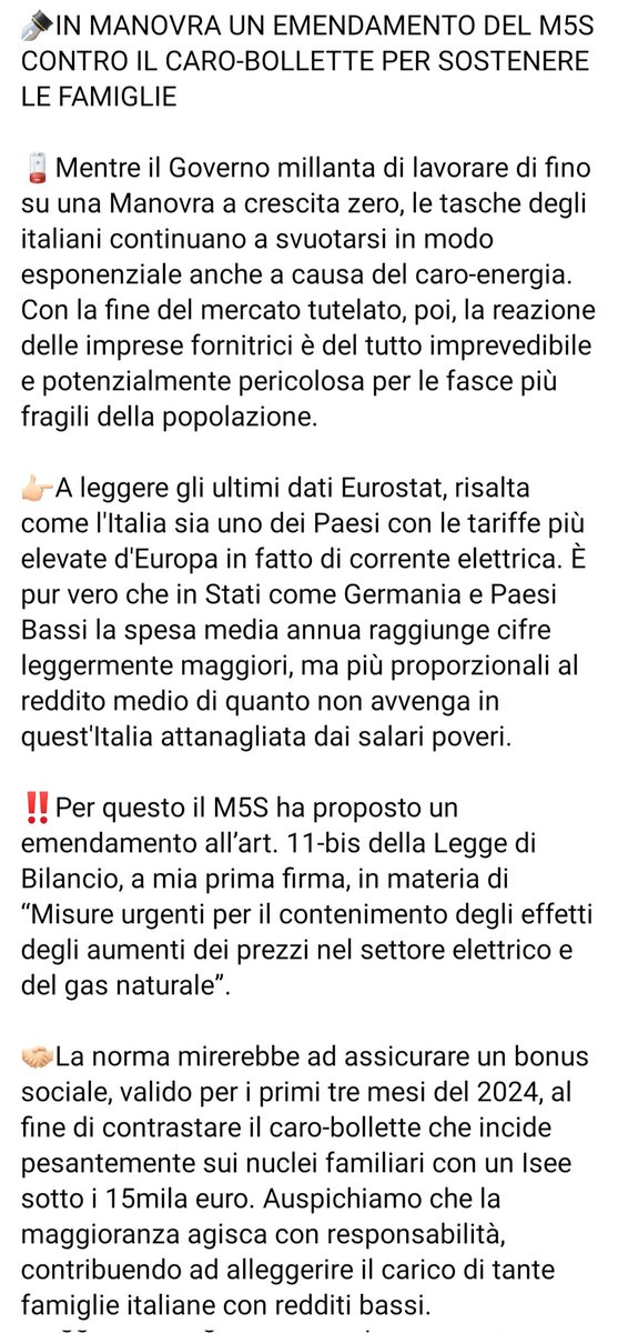 ⭐L'emendamento #m5s alla #Manovra contro il #carobollette