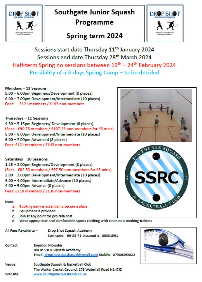 Junior Squash Coaching Programme <a href="/S_SR_C/">SSRC</a>. Spring 2024 sessions start 11th Jan 2024. Equipment provided. Booking early is essential to reserve a place.