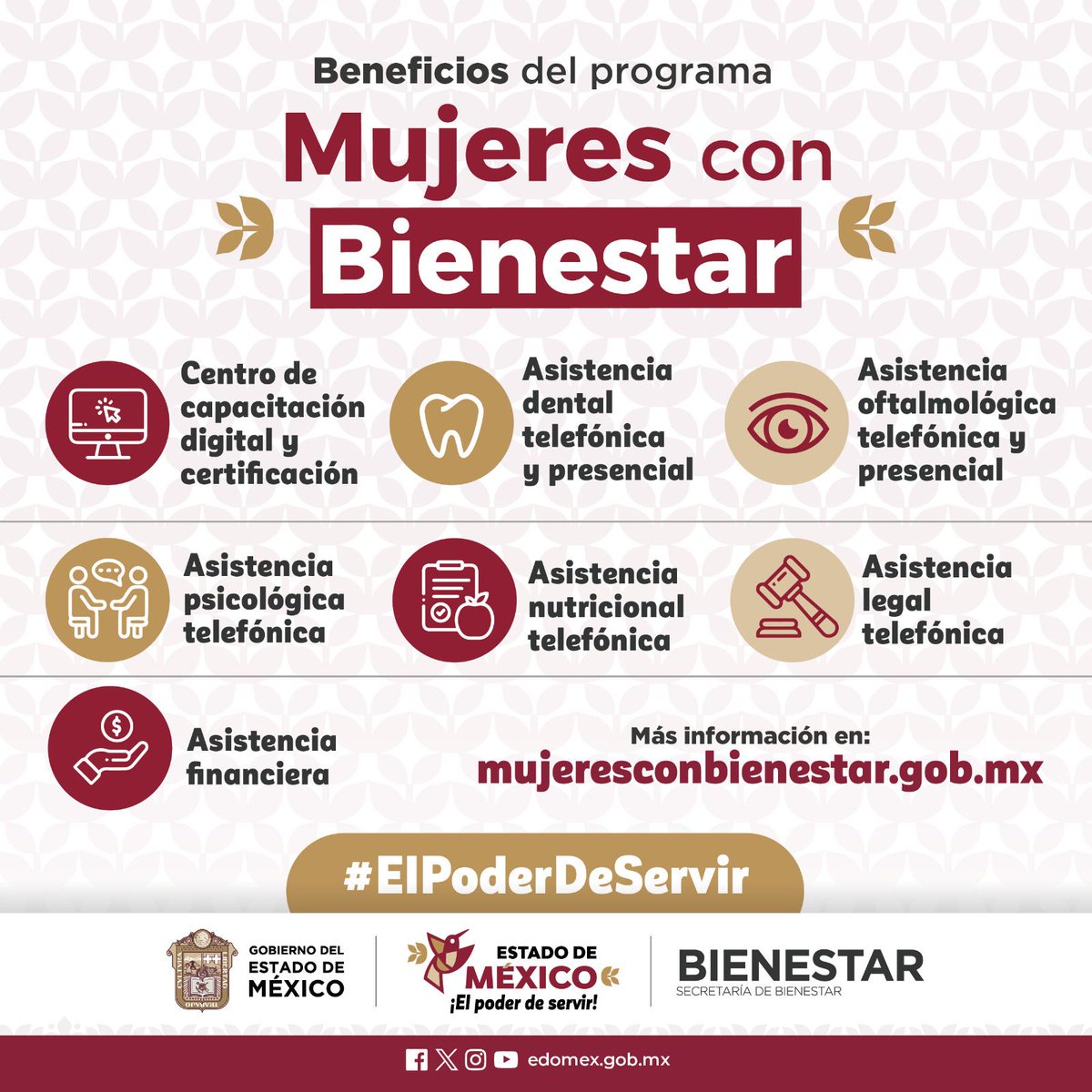 Con #ElPoderDeServir la Gobernadora Delfina Gómez Álvarez impulsa el programa integral #MujeresConBienestar que dará solución a una deuda histórica con la población vulnerable a través de los siguientes beneficios: