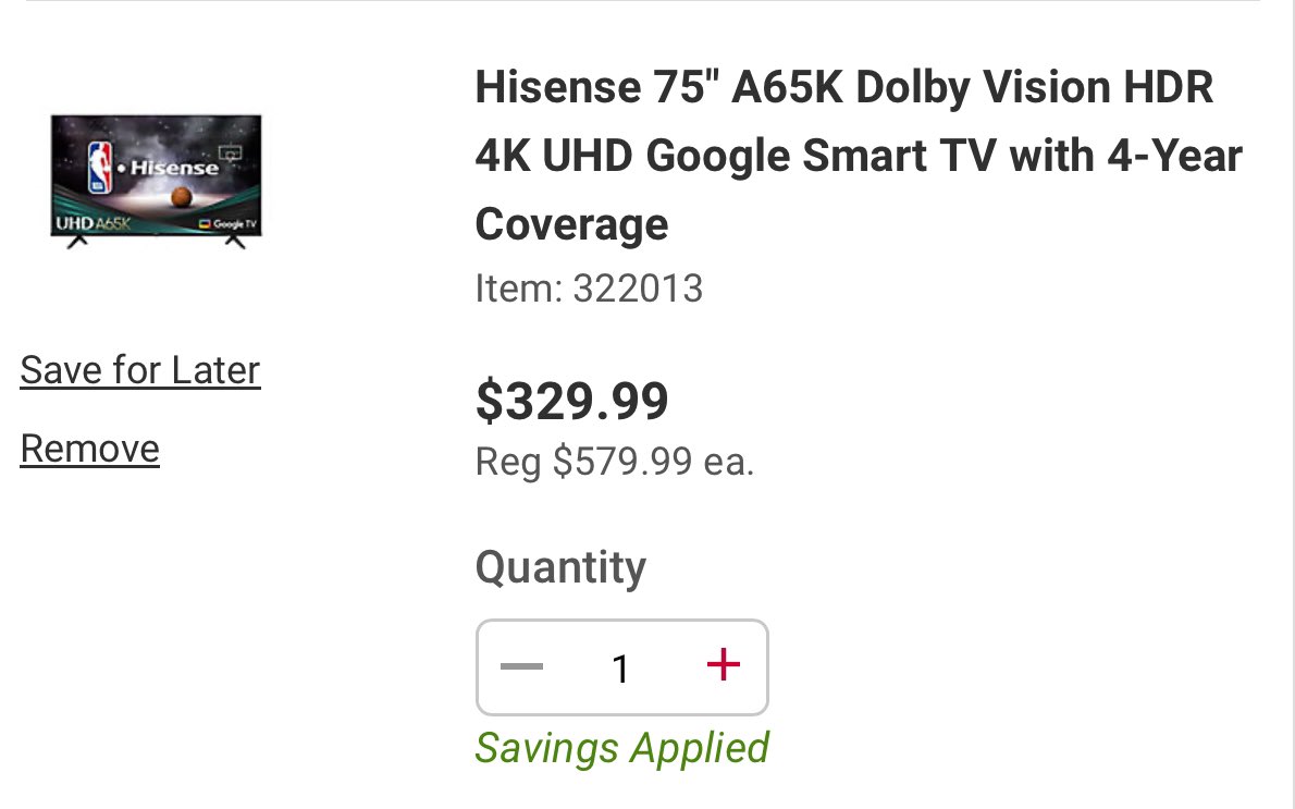 LordOfSavings's tweet photo. 📺 Hisense 75" A65K Dolby Vision HDR 4K UHD Google Smart TV with 4-Year Coverage now $329.99 via BJ’s Wholesale Club

🏷️ Must Be A BJ’s Member Or Can Use Free Guest One-Day Pass - https://t.co/BQcabthsnq

⬇️ 43% Price Drop

🔗 - https://t.co/RkiQJDQNJX

#LRGiftmas | #LRDeal | #AD https://t.co/PVBPtd92lZ