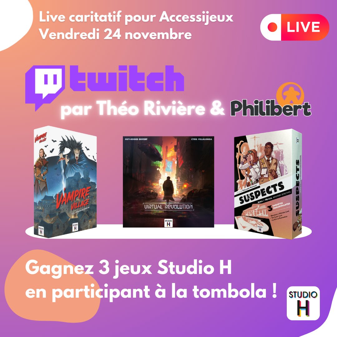 Studio H Games (@studio_h_games) on Twitter photo Un live Twitch de 24H au profit de l'association <a href="/AccessiJeux/">AccessiJeux</a> ? ⏱️ C'est le défi qu'a relevé @Theo_Sacha pour le #BlagueFriday2024 !
Rendez-vous toute la journée de vendredi sur twitch.tv/theo_sacha pour suivre le direct et peut-être remporter des jeux Studio H ! 🎁 Un live Twitch de 24H au profit de l'association <a href="/AccessiJeux/">AccessiJeux</a> ? ⏱️ C'est le défi qu'a relevé @Theo_Sacha pour le #BlagueFriday2024 !
Rendez-vous toute la journée de vendredi sur twitch.tv/theo_sacha pour suivre le direct et peut-être remporter des jeux Studio H ! 🎁