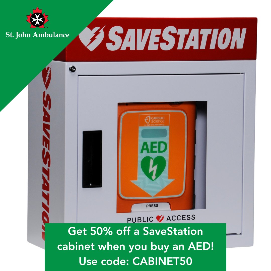 Save lives and save big with our November offer! 

Get 50% off  a SaveStation cabinet when you purchase an AED. Use code CABINET50 at checkout.

Shop our AEDs here: sja.ca/en/shop/aed-an…

#AED #FirstAid #FirstAidTraining #WorkplaceSafety #StJohnAmbulance