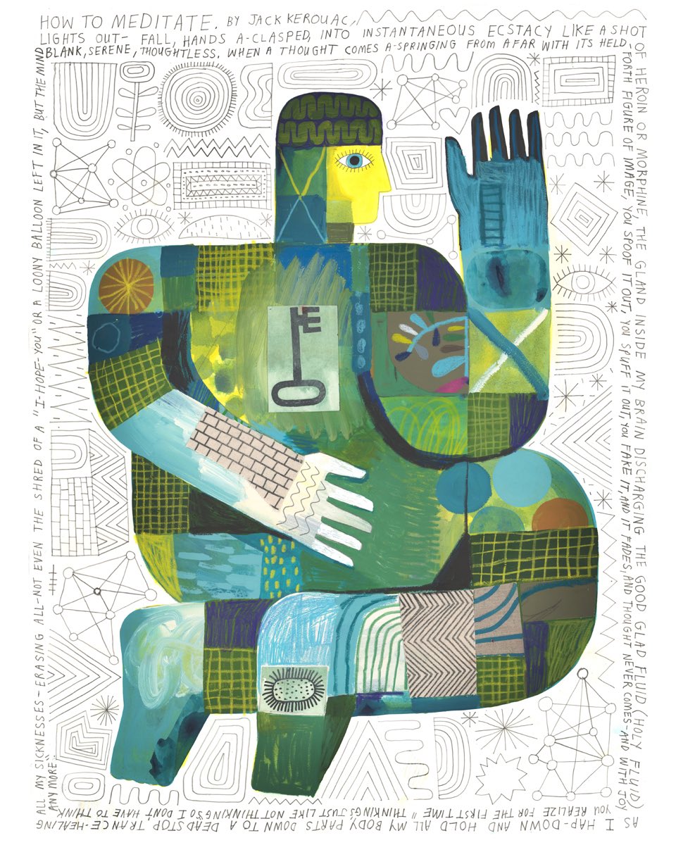 Dodeshillinglaw's tweet photo. How to meditate. 

One of three new Body Scan drawings on display at @thelondonillustrationfair original drawing and print editions available via #thelondonillustrationfair 

#jackkerouac #davidshillinglaw https://t.co/lhqWz2YGOA