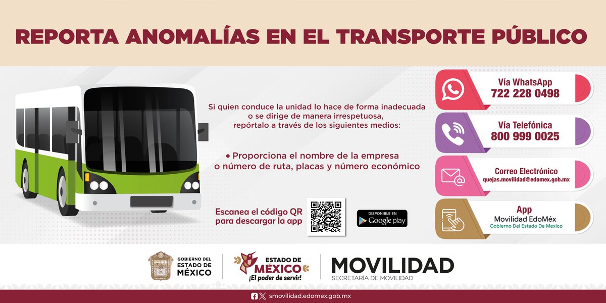 SEMOV_Edomex's tweet photo. Te compartimos los siguientes medios para que puedas reportar anomalías cuando viajes en el transporte público. Recuerda proporcionar el nombre de la empresa o número de ruta, placas y número económico de la unidad 🚙🚕🛺🚌. #ElPoderDeServir https://t.co/b2ZK5Pts6i