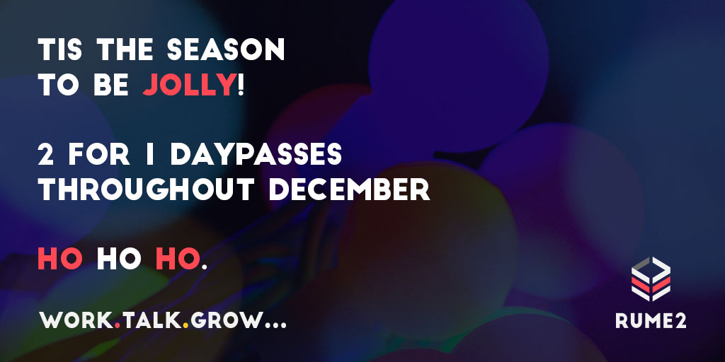 It's beginning to look a lot like Christmas.....so we're offering the gift of coworking in December, buy 2 day passes and get your third free. Book 2 day passes on our website or through the app, then email us at hello@rume2.co.uk, and we will book you a third day for free!