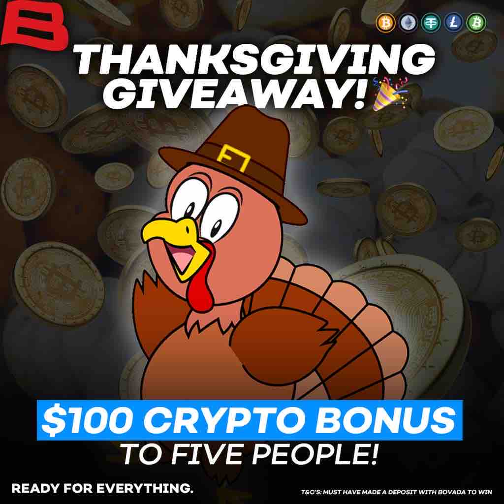 THANKSGIVING GIVEAWAY! 🦃🎉

A $100 CRYPTO BONUS TO FIVE PEOPLE IF WE GET 150 RE-POSTS BY 1:30PM ET!

Must be following <a href="/Bovada_Casino/">Bovada Casino</a> to claim!
#BovadaThanksgiving