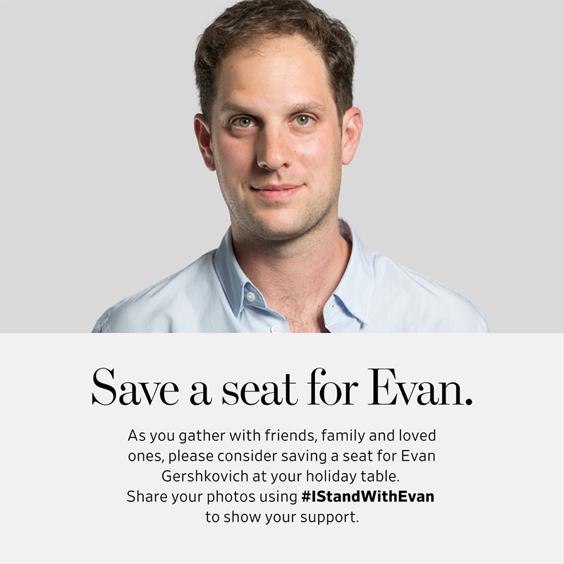 34 WEEKS. @WSJ reporter Evan Gershkovich is spending Thanksgiving in a prison cell in Russia, where he has been wrongfully detained since March. As you gather with friends and family today, please save a seat for Evan. #IStandWithEvan #FreeEvan