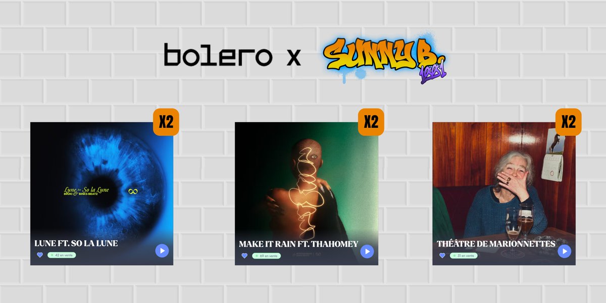Nouveau cadeau à destination de nos Holders ❤️😎

Avec nos amis de <a href="/boleromusic_/">Bolero</a> on vous fait gagner 6 Bolero Song Shares ! 💽
- 2x Bolero Song Share : 8ruki - LUNE feat. So La Lune ($42 chacun)
- 2x Bolero Song Share : 8ruki- MAKE IT RAIN feat. thaHomey ($30 chacun)
- 2x Bolero