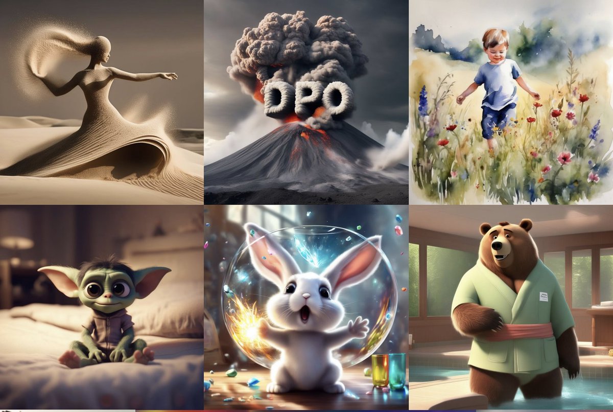 nikhil_ai's tweet image. Excited to share Diffusion-DPO, a method to directly align diffusion models to user preference. DPO-tuned SDXL obtains a 70% win rate over SDXL on PartiPrompts, a new SOTA for open source models! It is also effective at Learning from AI Feedback. arxiv.org/abs/2311.12908 (1/N)